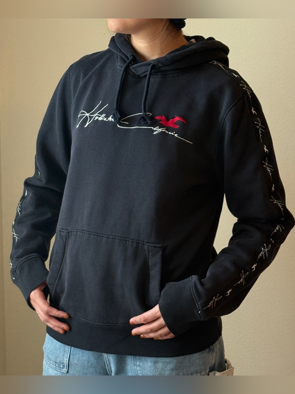 Hollister Must-Have Collection Navy Hoodie Sweatshirt Red Seagull White Letters